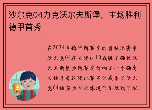沙尔克04力克沃尔夫斯堡，主场胜利德甲首秀