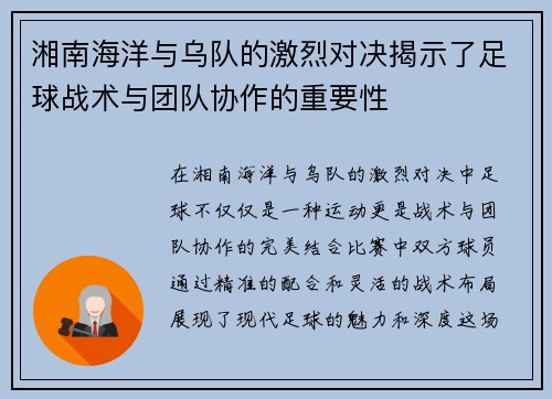 湘南海洋与乌队的激烈对决揭示了足球战术与团队协作的重要性