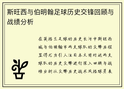 斯旺西与伯明翰足球历史交锋回顾与战绩分析