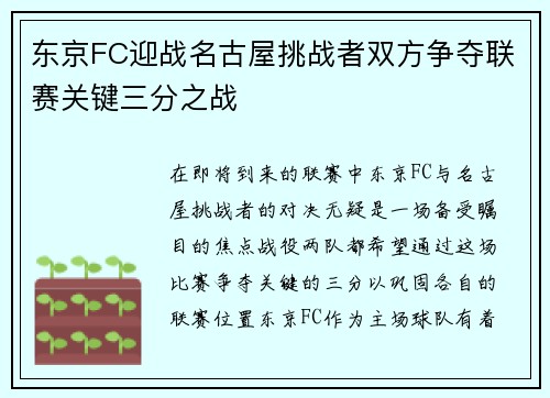 东京FC迎战名古屋挑战者双方争夺联赛关键三分之战