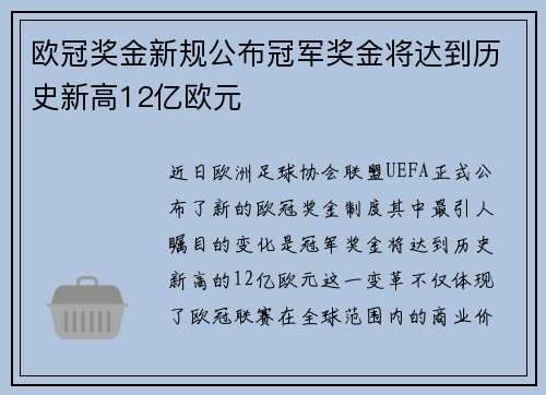 欧冠奖金新规公布冠军奖金将达到历史新高12亿欧元