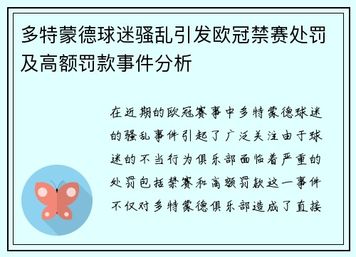 多特蒙德球迷骚乱引发欧冠禁赛处罚及高额罚款事件分析