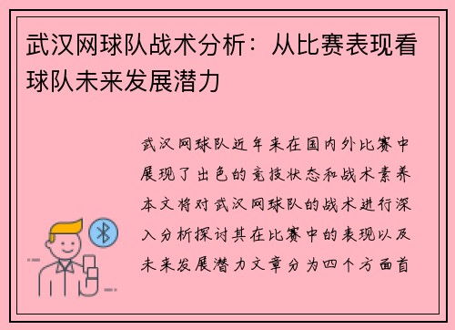武汉网球队战术分析：从比赛表现看球队未来发展潜力