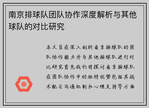 南京排球队团队协作深度解析与其他球队的对比研究