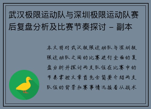 武汉极限运动队与深圳极限运动队赛后复盘分析及比赛节奏探讨 - 副本