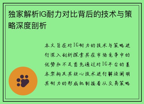 独家解析IG耐力对比背后的技术与策略深度剖析