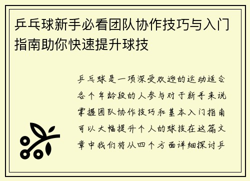 乒乓球新手必看团队协作技巧与入门指南助你快速提升球技